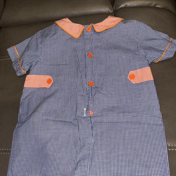 Beaux et Belles navy gingham check one piece with dump trucks on the front smock - Picture 5 of 6